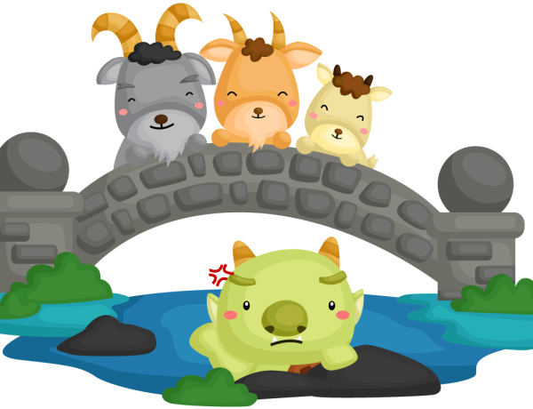 Billy Goats Gruff laughing at troll in the water.