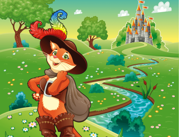 puss in boots in front of a castle.