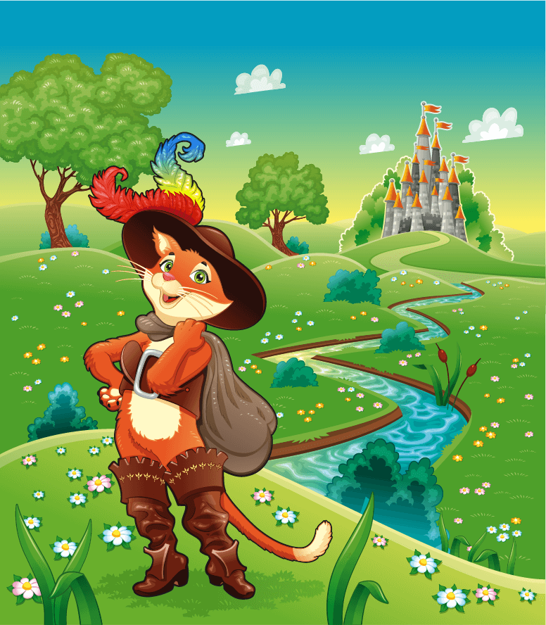 puss in boots in front of a castle.