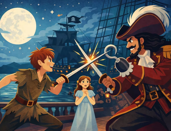 Peter Pan and Captain Hook fighting.