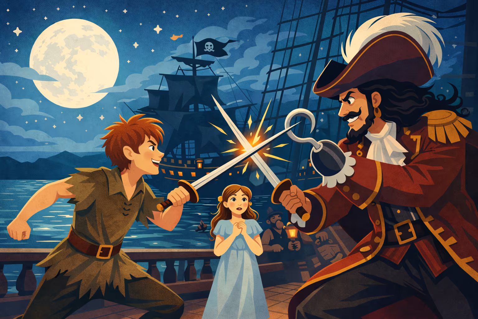 Peter Pan and Captain Hook fighting.
