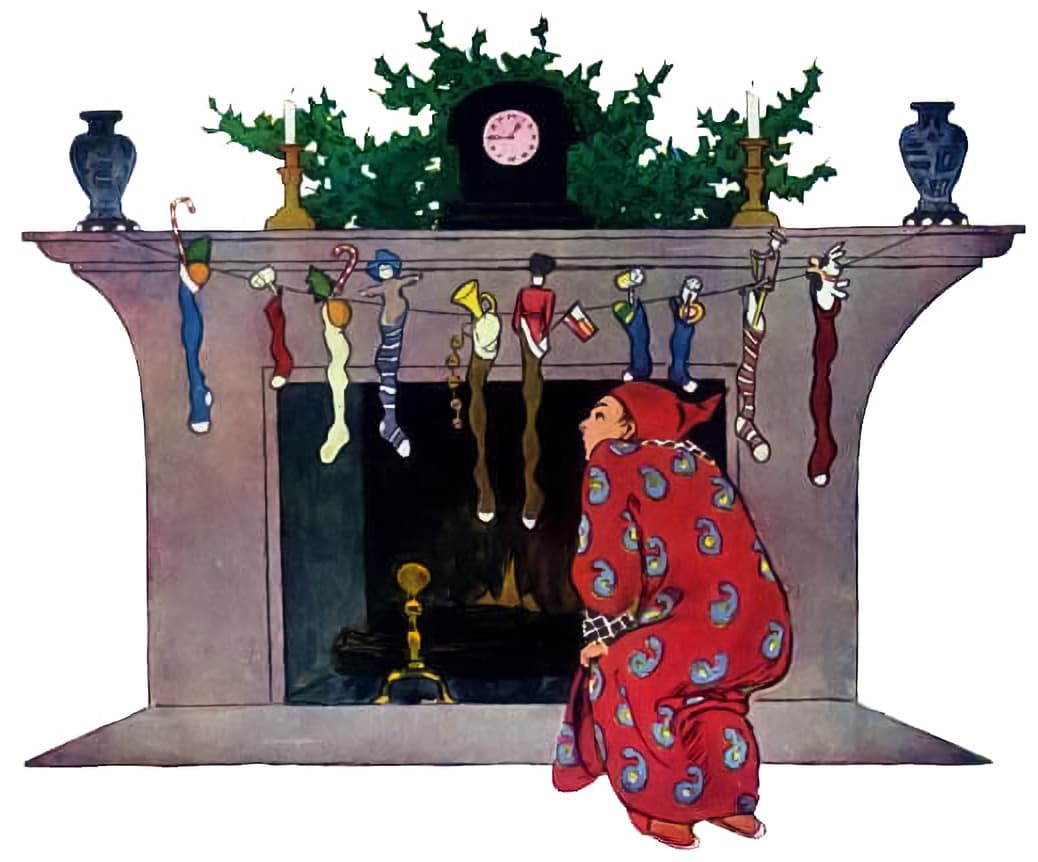 Dad looking up chimney after Santa Claus.