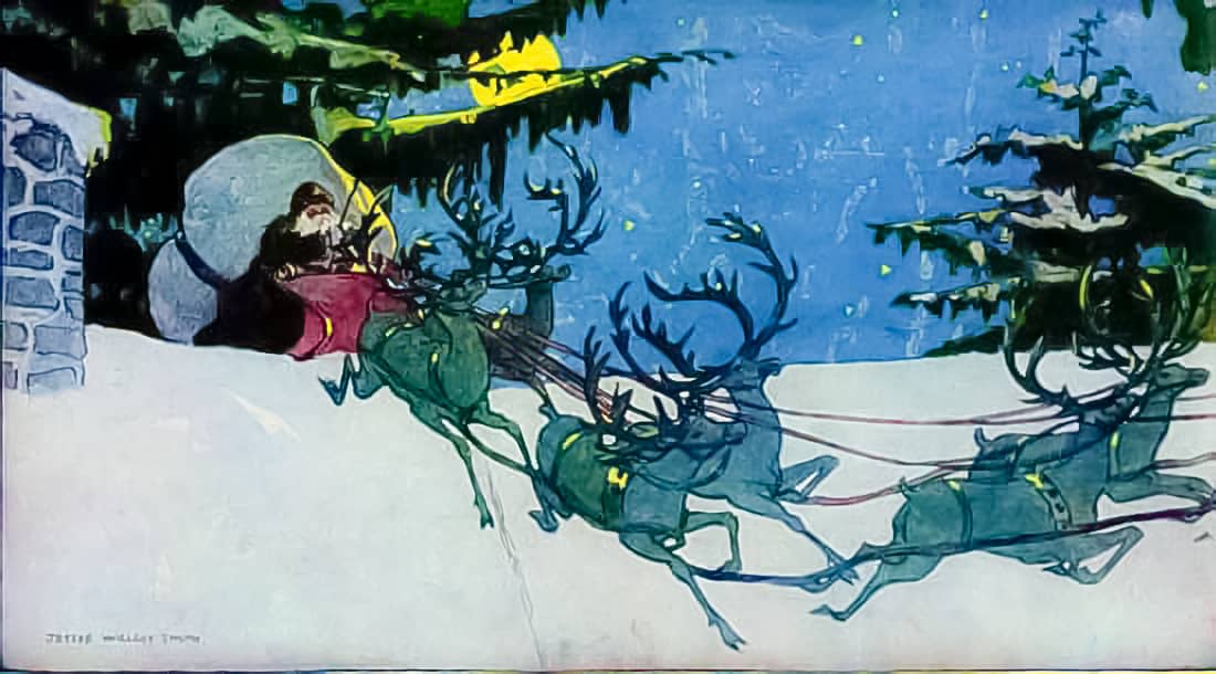 Santa leading reindeer.