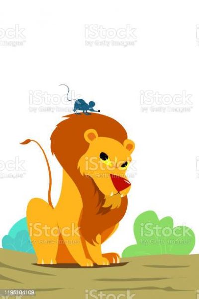 lion looking up a a mouse that is standing on its head.