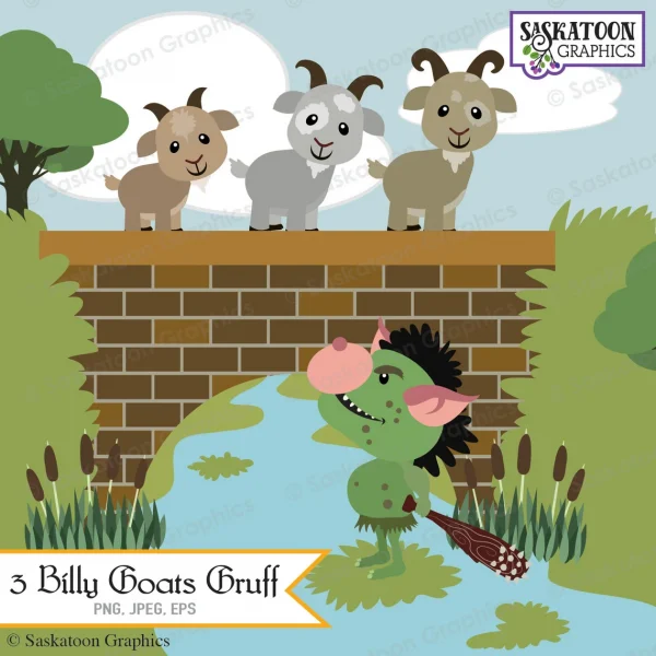 flat graphic billy goats gruff clipart.