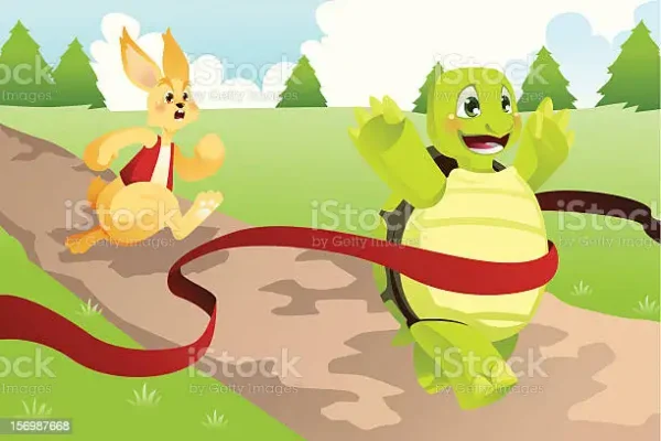 Tortoise winning a race in front of a hare stock illustration.