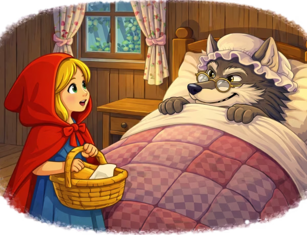 Red looking at the wolf in Grandmother's bed