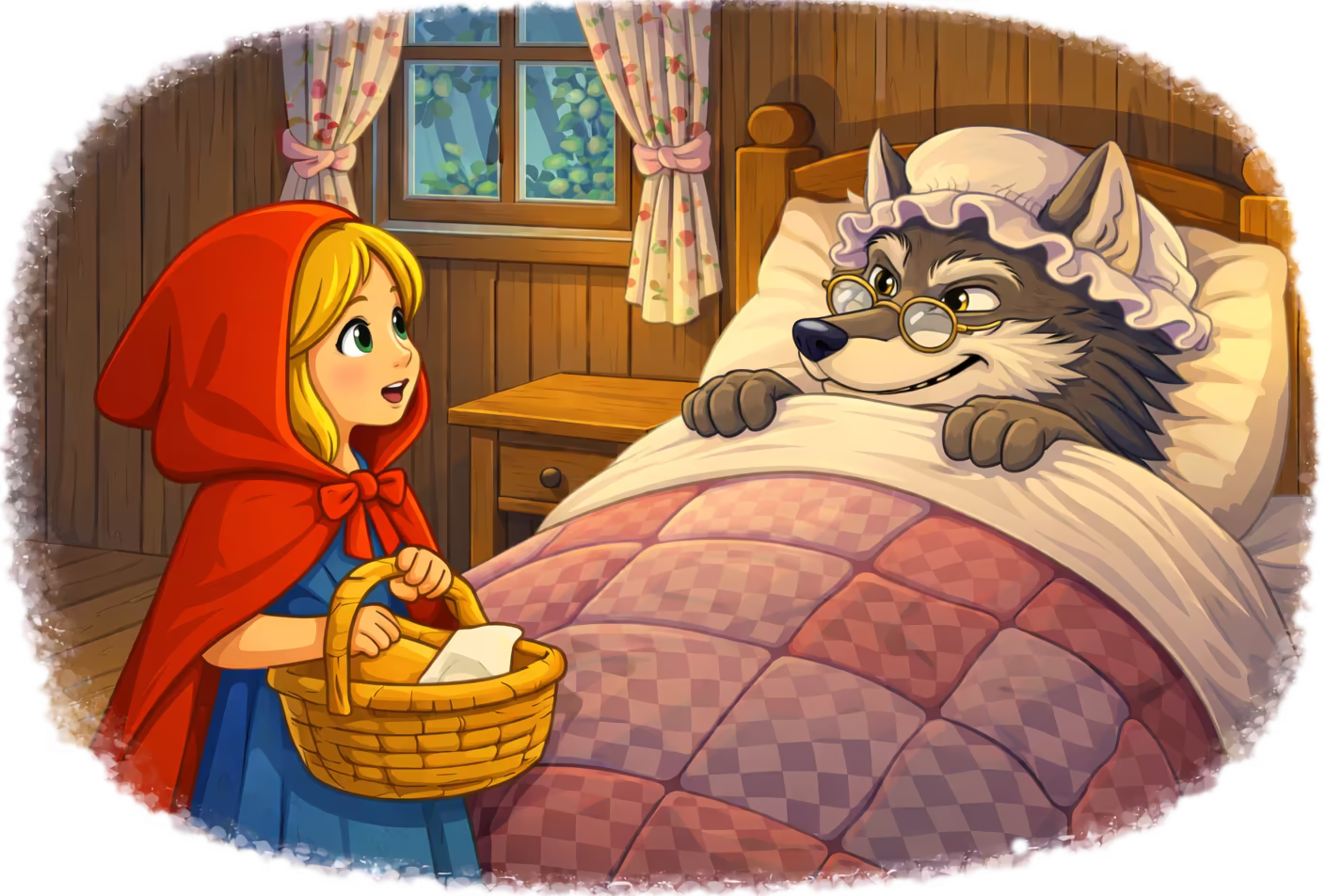 Red looking at the wolf in Grandmother's bed
