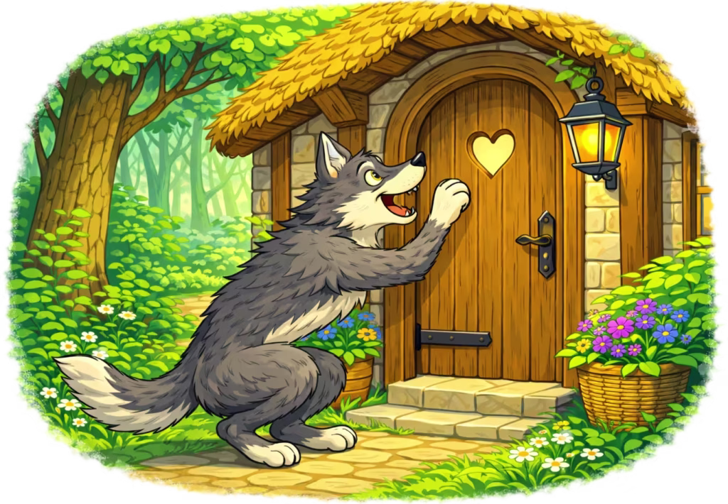 Wolf knocking on the grandmother's door.