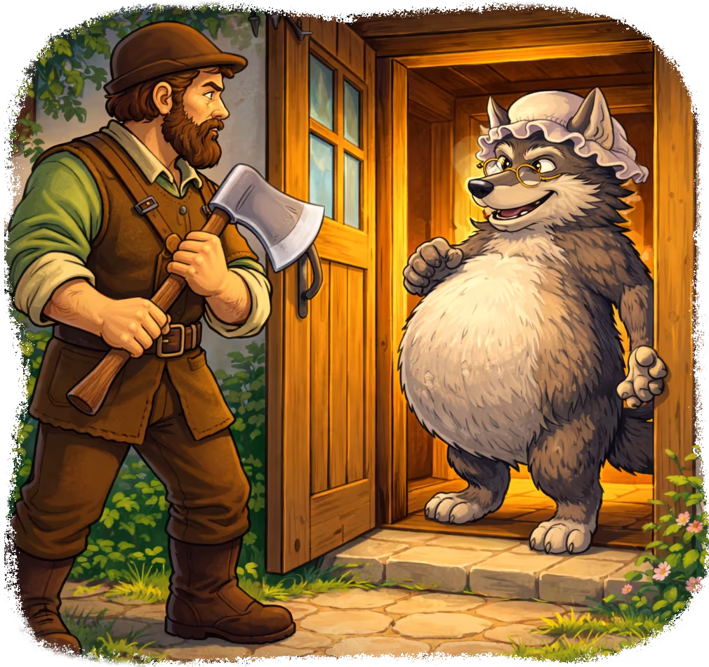 woodsman and wolf.